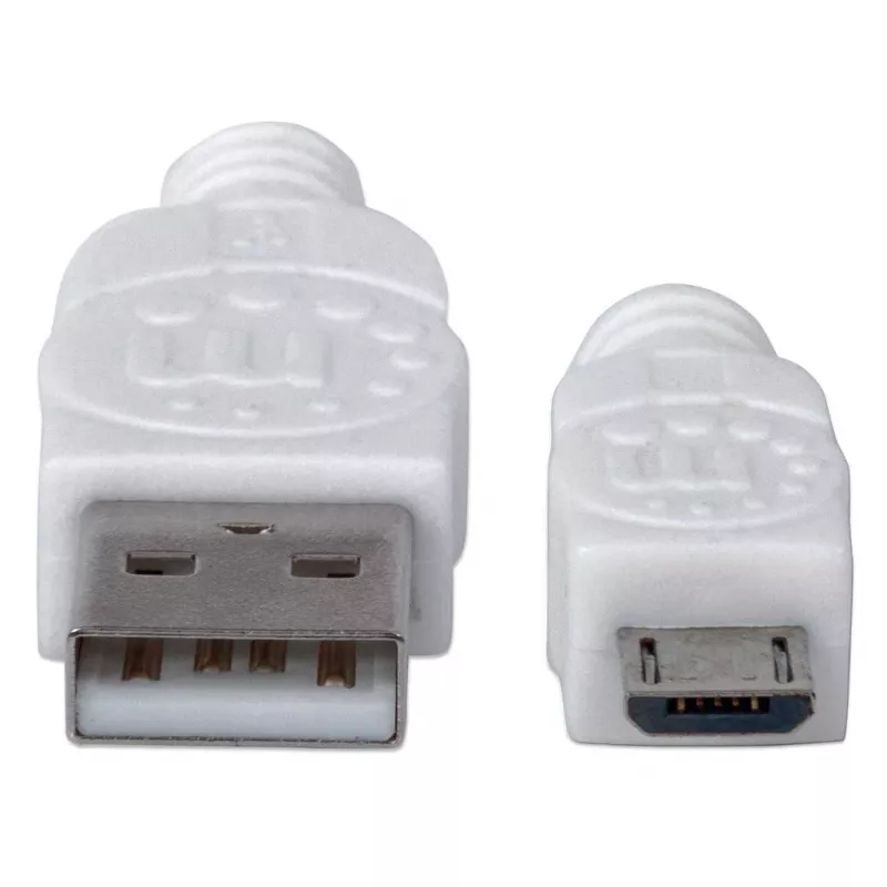 Manhattan USB-A naar Micro-USB-kabel, 1,8 m, Stekker naar Stekker, 480 Mbit/s (USB 2.0), Hi-Speed USB, Wit, Levenslange garantie