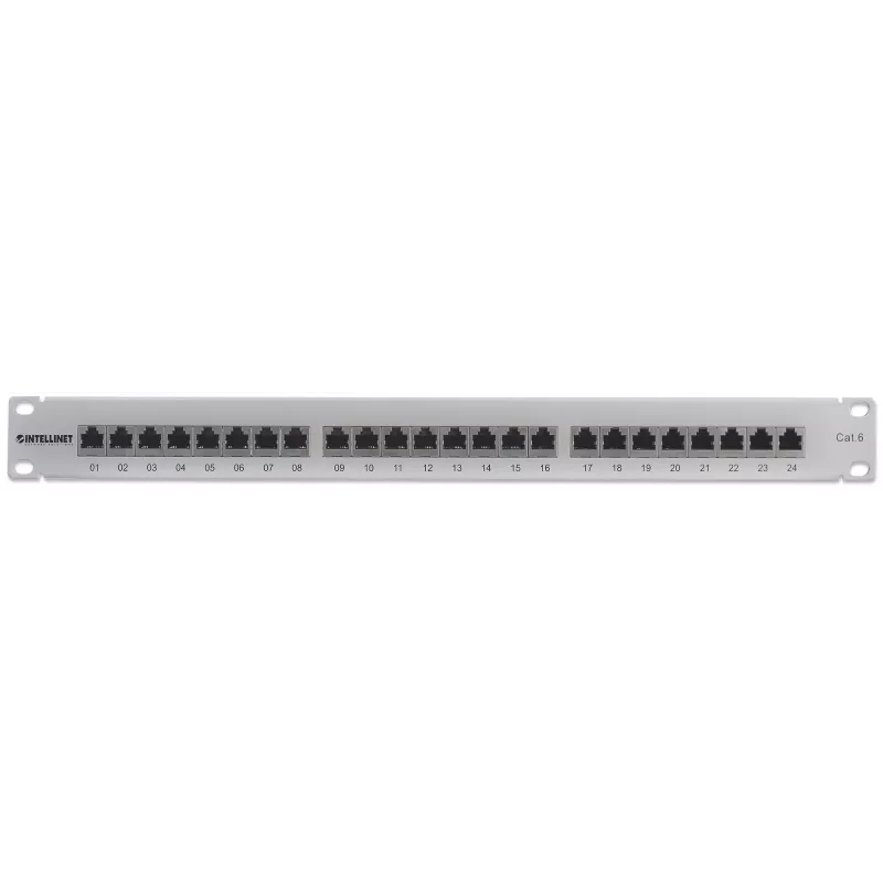 Intellinet Patchpaneel, Cat6, FTP, 24-poorts, 1U, afgeschermd, 90° Top-Entry LSA-strips, grijs
