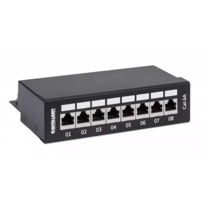 Intellinet Patchpaneel, Cat6a, FTP, 8-poorts, desktop, afgeschermd, 90° Top-Entry LSA-strips, zwart