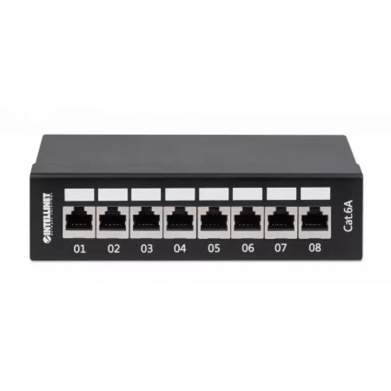 Intellinet Patchpaneel, Cat6a, FTP, 8-poorts, desktop, afgeschermd, 90° Top-Entry LSA-strips, zwart