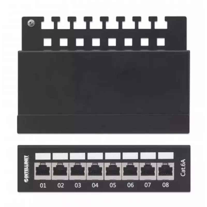 Intellinet Patchpaneel, Cat6a, FTP, 8-poorts, desktop, afgeschermd, 90° Top-Entry LSA-strips, zwart