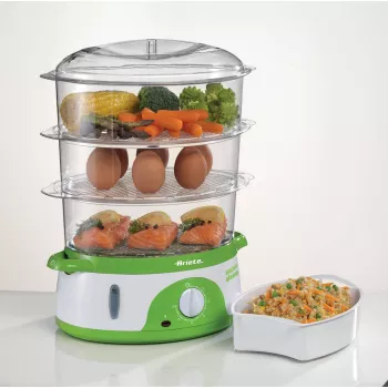 Ariete 911 Healthy Steam - elektrische stoomkoker - 3 manden - rijstcontainer - timer 60 min. - 800 watt - 9 liter - wit en groen
