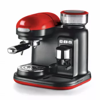 Ariete 1318 Moderna espressomachine met ingebouwde koffiemolen, voor koffiebonen en koffiepoeder, melkopschuimer cappuccinatore, filters voor 1 en 2 kopjes, 1080 W, 800 ml, rood