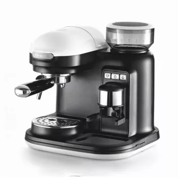 Ariete 1318 Moderna espressomachine met ingebouwde koffiemolen, voor koffiebonen en koffiepoeder, melkopschuimpijpje voor cappuccino, filters voor 1 en 2 kopjes, 1080 W, 800 cc, wit
