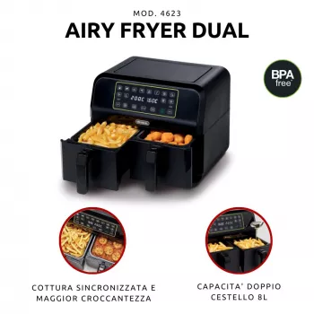 Ariete 4623 Airy Fryer Dual, heteluchtfriteuse met dubbele mand, 1700 W, 8 l inhoud, 3 kookfuncties, digitaal LED-touchpaneel, 8 voorgeprogrammeerde programma's, timer, 2 manden, zwart