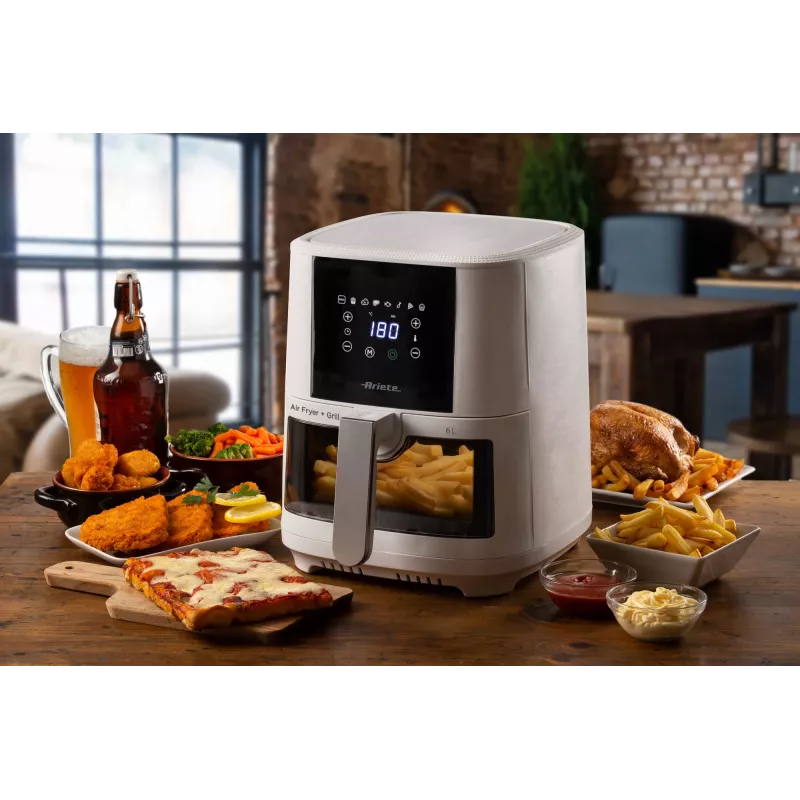 Ariete 4626 Airy Fryer 6L, heteluchtfriteuse, 1300 W, 6 l inhoud, 2,5 kg capaciteit, 8 voorgeprogrammeerde programma's, temperatuur tot 200 °C, transparante mand voor kookcontrole, zwart
