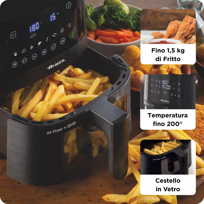 Ariete 4633, heteluchtfriteuse 4L, 1400W, inhoud 4L, 9 programma's, shake- en grillfunctie, temperatuur tot 200°C, zwart