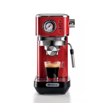 Ariete Moderna Line 1381 koffiemachine met manometer, geschikt voor koffiepoeder en ESE-pads, 1300 W, 1,1 l inhoud, 15 bar druk, filter voor halve kopjes, cappuccinodüse, rood