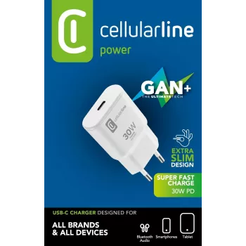 Cellularline GAN wandlader USB-C 30W PD USB-C 30W PD wandlader met GaN-technologie