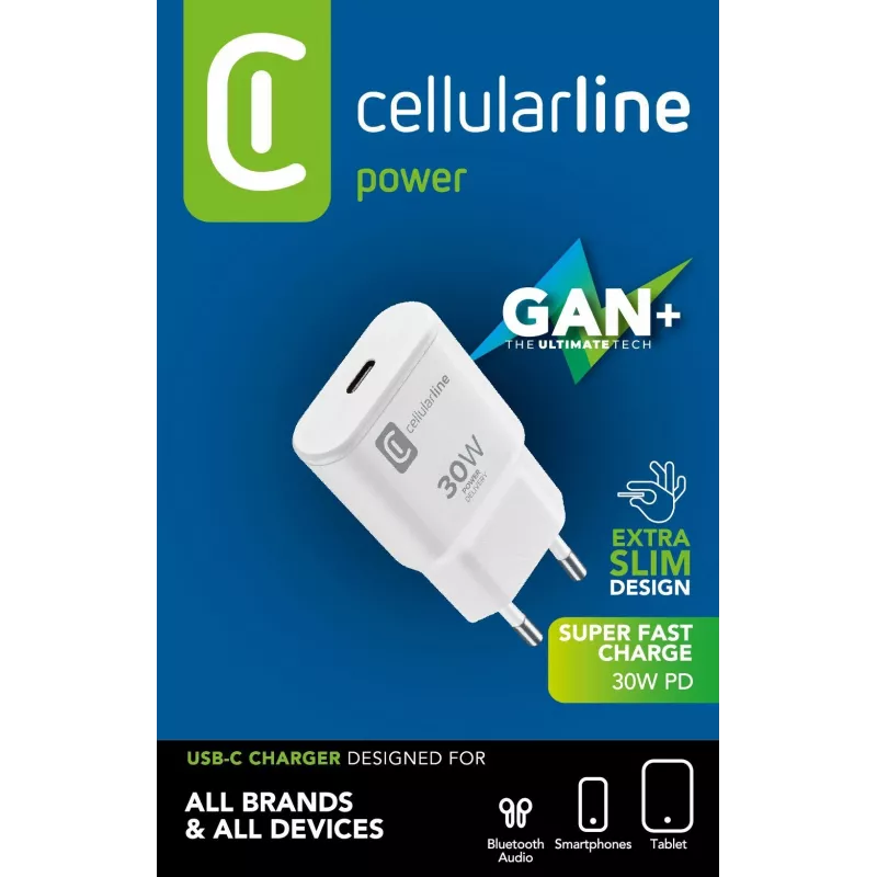 Cellularline GAN wandlader USB-C 30W PD USB-C 30W PD wandlader met GaN-technologie