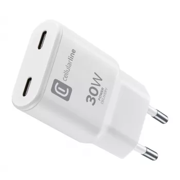Cellularline GAN wandlader 2xUSB-C 30W PD 2xUSB-C 30W PD wandlader met GaN-technologie