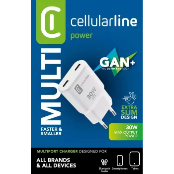 Cellularline GAN wandlader 2xUSB-C 30W PD 2xUSB-C 30W PD wandlader met GaN-technologie