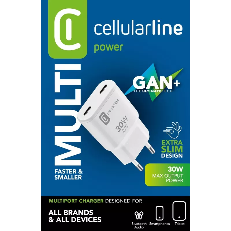 Cellularline GAN wandlader 2xUSB-C 30W PD 2xUSB-C 30W PD wandlader met GaN-technologie