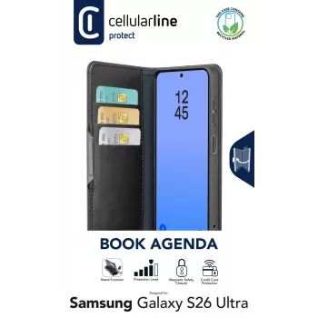 Cellularline Book Agenda - Galaxy S26 Ultra boekhoes met kunstleren afwerking, magneetsluiting, RFID-bescherming en standfunctie