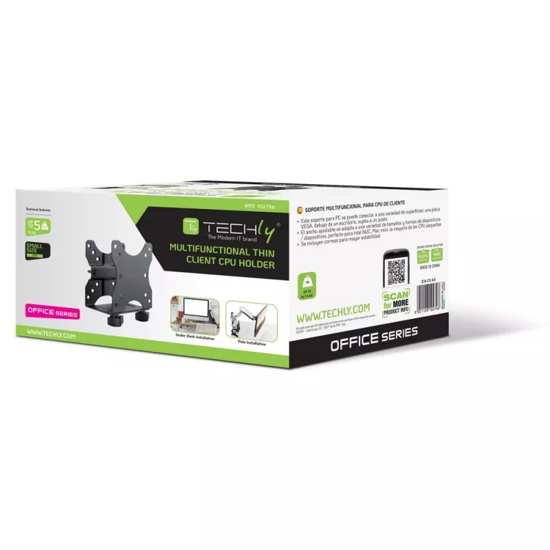 Techly onder tafel verstelbare CPU-houder, 5 kg, 75 x 75 mm, 100 x 100 mm, zwart