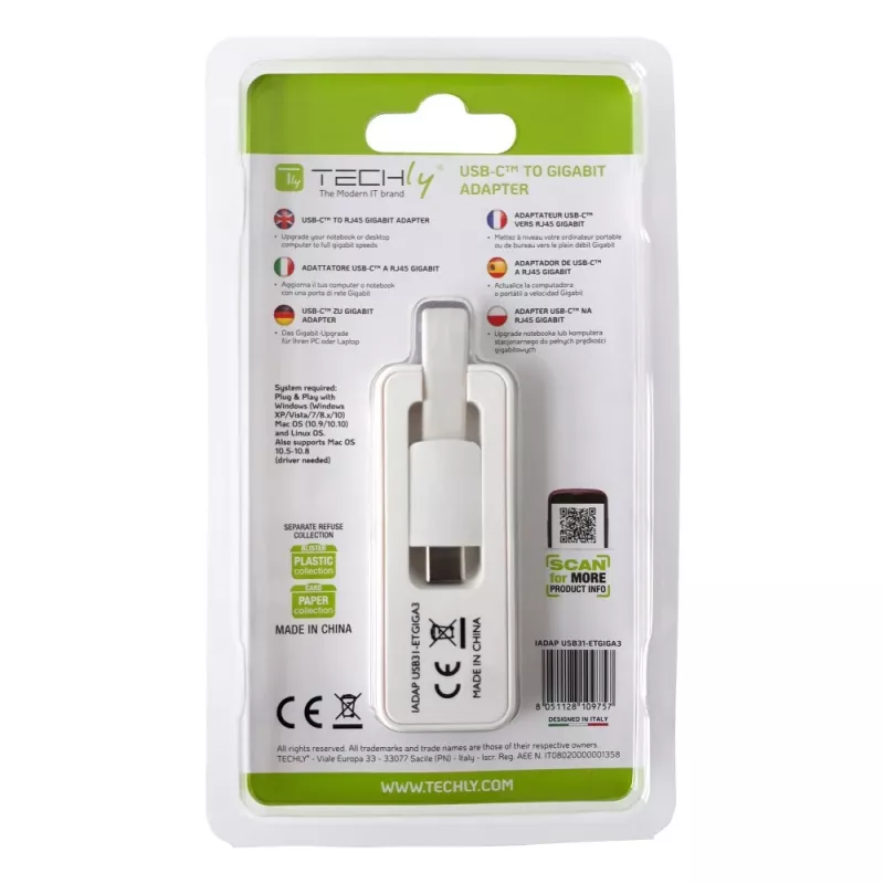 Techly USB 3.1 Type-C naar RJ45 Gigabit Ethernet-adapter, wit