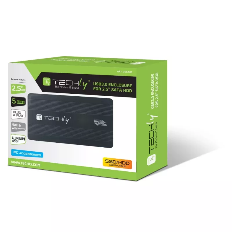 Techly externe behuizing USB 3.0 2,5″ SATA I-CASE SU3-25B, 2,5 inch, Serial ATA, 5 Gbit/s, zwart