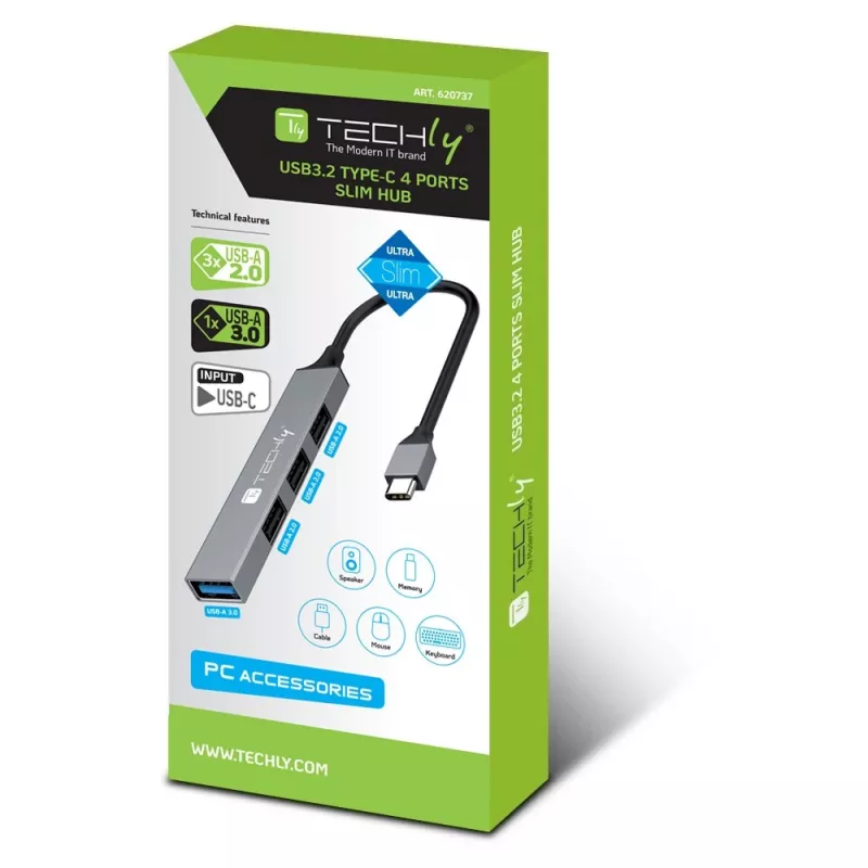 Techly IUSB32-HUB4C-3U2SLS Laptop-dockingstation/poortreplicator Bedraad USB 3.2 Gen 1 (3.1 Gen 1) Type-C Grijs