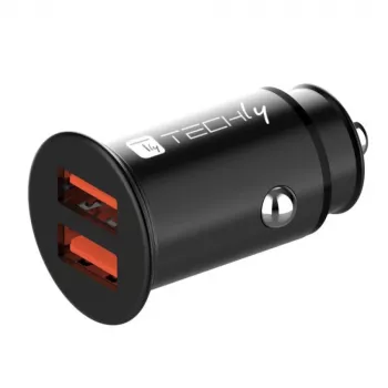 Techly Mini autolader 2 poorten USB-A Quick Charge 3.0 36W in Zwart Metaal