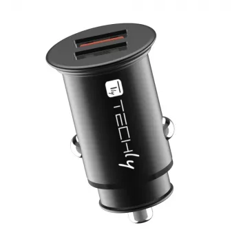 Techly Mini autolader 2 poorten USB-A Quick Charge 3.0 36W in Zwart Metaal