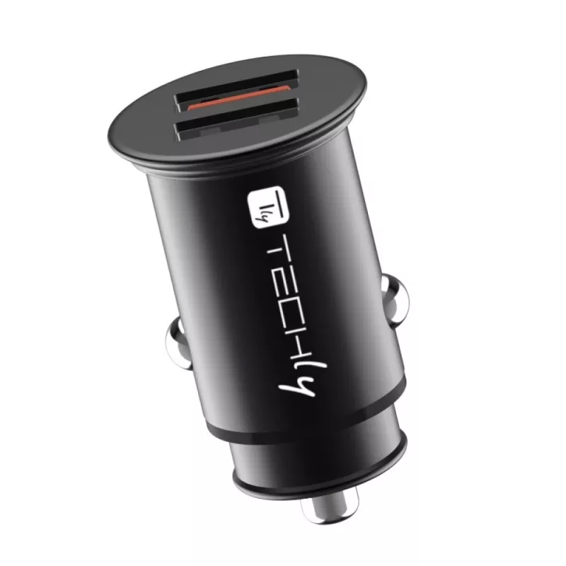 Techly Mini autolader 2 poorten USB-A Quick Charge 3.0 36W in Zwart Metaal