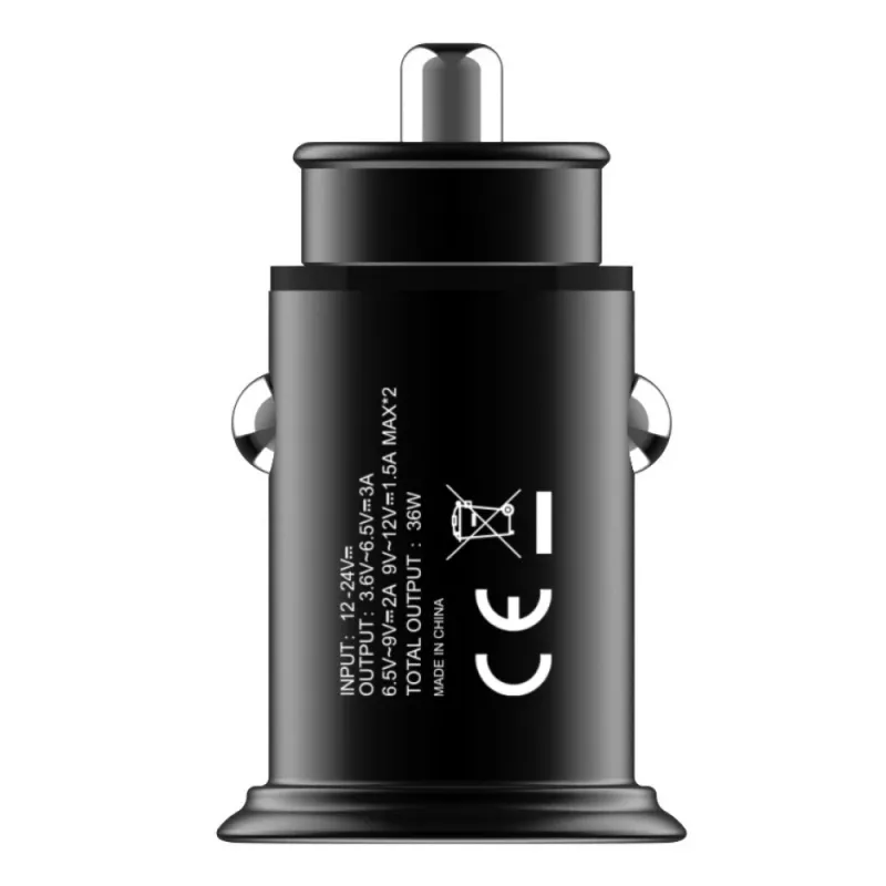 Techly Mini autolader 2 poorten USB-A Quick Charge 3.0 36W in Zwart Metaal