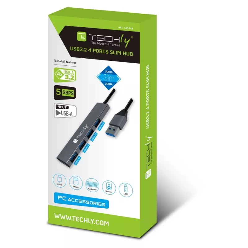 Techly IUSB32-HUB4A-4U3SL Laptop-dockingstation/poortreplicator Bedraad USB 3.2 Gen 1 (3.1 Gen 1) Type-A Grijs