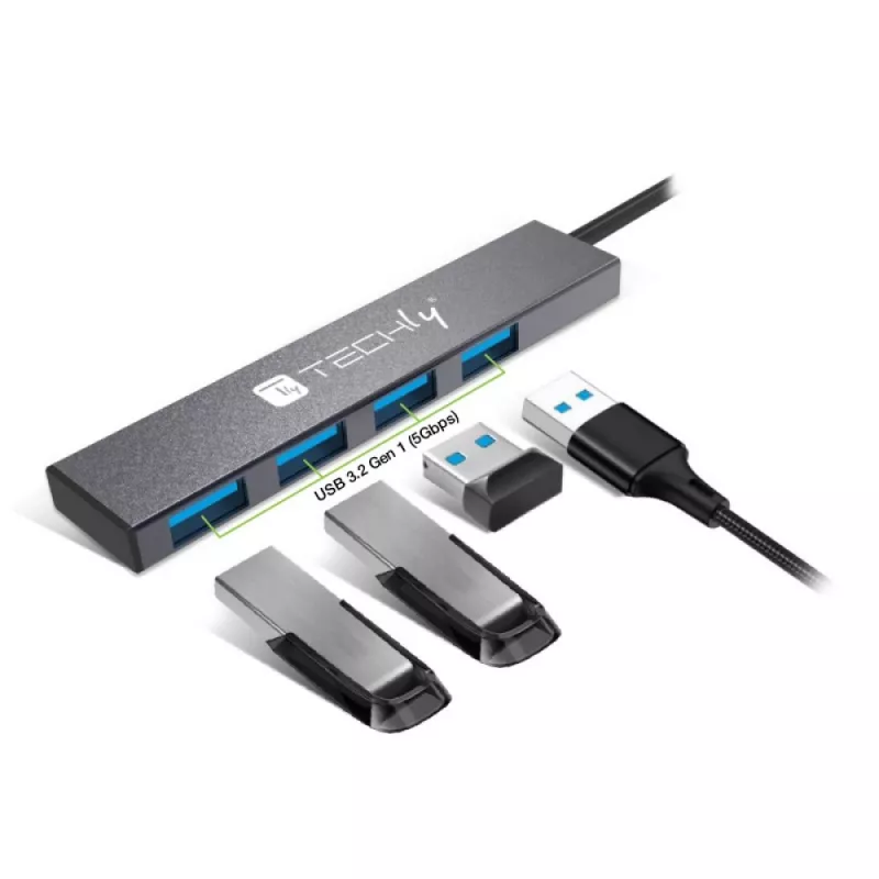 Techly IUSB32-HUB4A-4U3SL Laptop-dockingstation/poortreplicator Bedraad USB 3.2 Gen 1 (3.1 Gen 1) Type-A Grijs