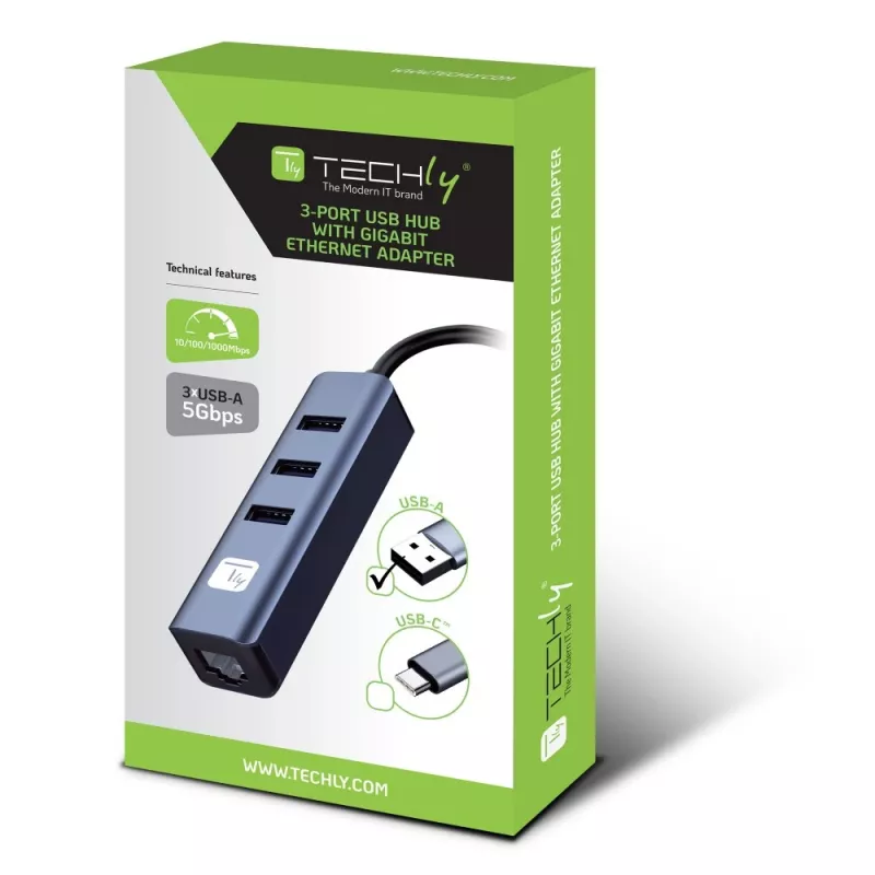 Techly IDATA USB-ETGIGA3AA Laptop-dock/poortreplicator Bedraad USB 3.2 Gen 1 (3.1 Gen 1) Type-A Zwart, Zilver