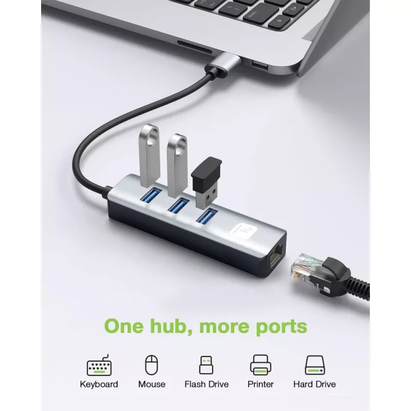 Techly IDATA USB-ETGIGA3AA Laptop-dock/poortreplicator Bedraad USB 3.2 Gen 1 (3.1 Gen 1) Type-A Zwart, Zilver