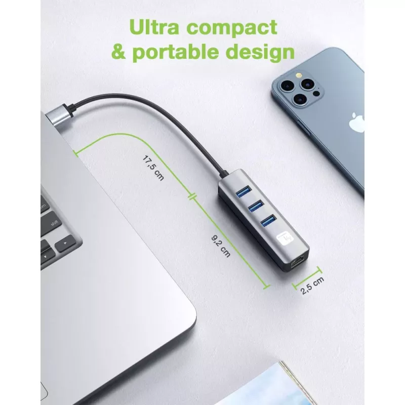 Techly IDATA USB-ETGIGA3AA Laptop-dock/poortreplicator Bedraad USB 3.2 Gen 1 (3.1 Gen 1) Type-A Zwart, Zilver