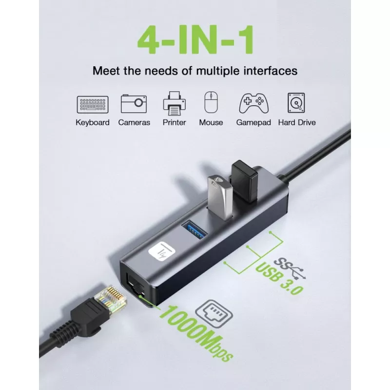 Techly IDATA USB-ETGIGA3AA Laptop-dock/poortreplicator Bedraad USB 3.2 Gen 1 (3.1 Gen 1) Type-A Zwart, Zilver