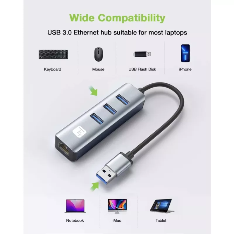 Techly IDATA USB-ETGIGA3AA Laptop-dock/poortreplicator Bedraad USB 3.2 Gen 1 (3.1 Gen 1) Type-A Zwart, Zilver