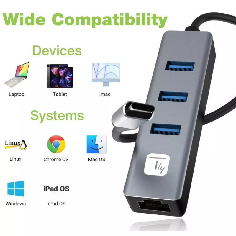 Techly IDATA USB-ETGIGA3CA Laptop-dock/poortreplicator bedraad USB 3.2 Gen 1 (3.1 Gen 1) Type-A + Type-C Zwart, Zilver