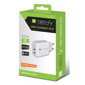 Techly IPW-USB-2C35W Oplader voor mobiele apparaten Laptop, Smartphone, Tablet Wit AC binnen Snel opladen