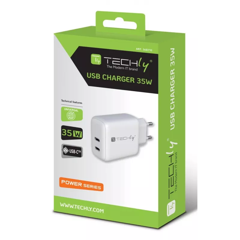 Techly IPW-USB-2C35W Oplader voor mobiele apparaten Laptop, Smartphone, Tablet Wit AC binnen Snel opladen