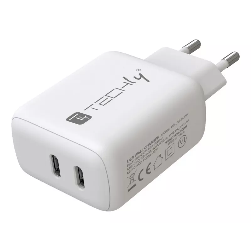 Techly IPW-USB-2C35W Oplader voor mobiele apparaten Laptop, Smartphone, Tablet Wit AC binnen Snel opladen