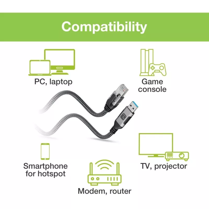 Techly ICOC-U3A-RJ45-020 USB 3.0 Type-A naar Gigabit Ethernet-adapterkabel, 2 m, zwart/zilver