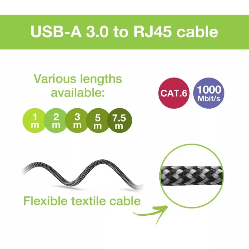 Techly ICOC-U3A-RJ45-050 USB 3.0 Type-A naar Gigabit Ethernet-adapterkabel, 5 m, zwart/zilver