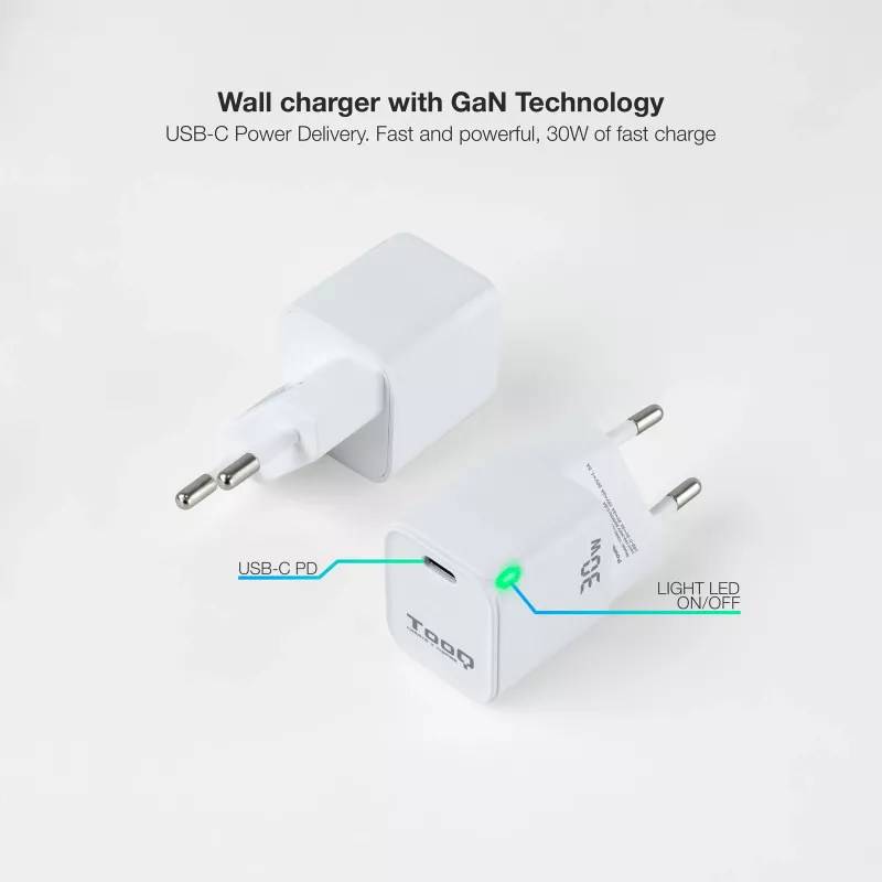 TooQ GAN USB-C/PD wandlader 30W, wit, binnen, AC, wit
