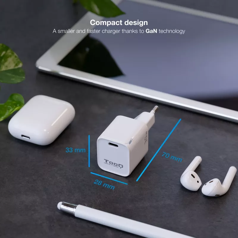 TooQ GAN USB-C/PD wandlader 30W, wit, binnen, AC, wit