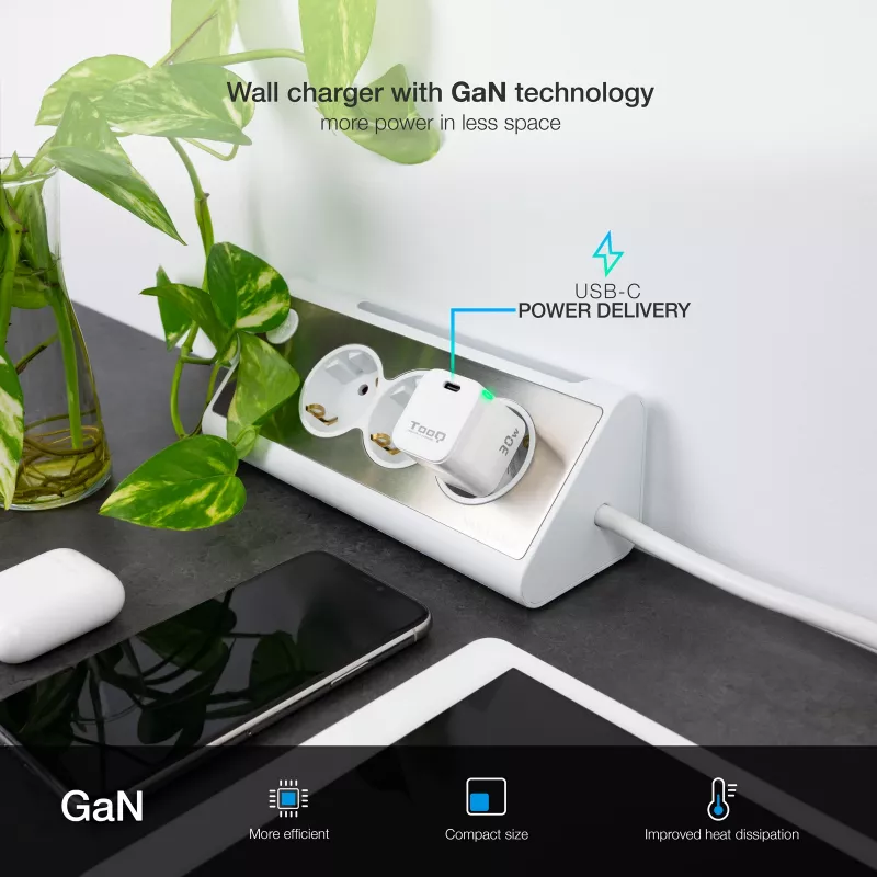 TooQ GAN USB-C/PD wandlader 30W, wit, binnen, AC, wit