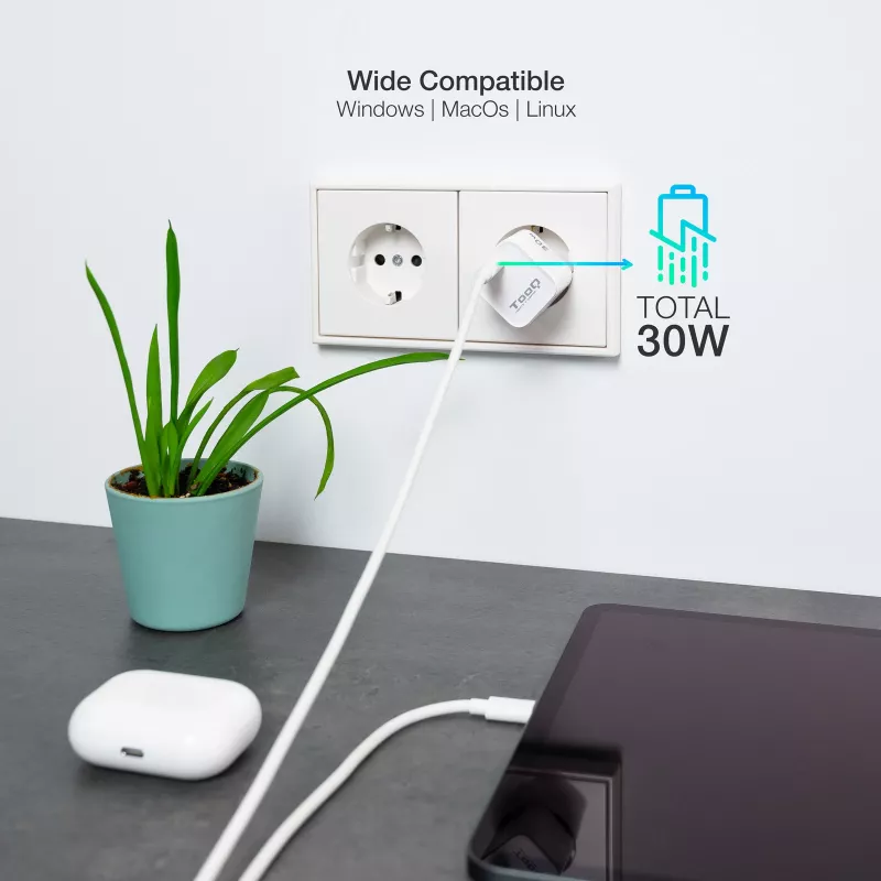 TooQ GAN USB-C/PD wandlader 30W, wit, binnen, AC, wit
