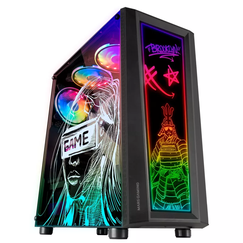 Mars Gaming MC-ART zwart ATX gaming-pc-behuizing dubbel beschrijfbaar gehard glas ARGB 12 modi 12cm ventilator