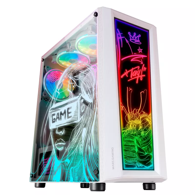 Mars Gaming MC-ART wit ATX gaming-pc-behuizing dubbel geverfd gehard glas ARGB 12 modi 120-mm-ventilator