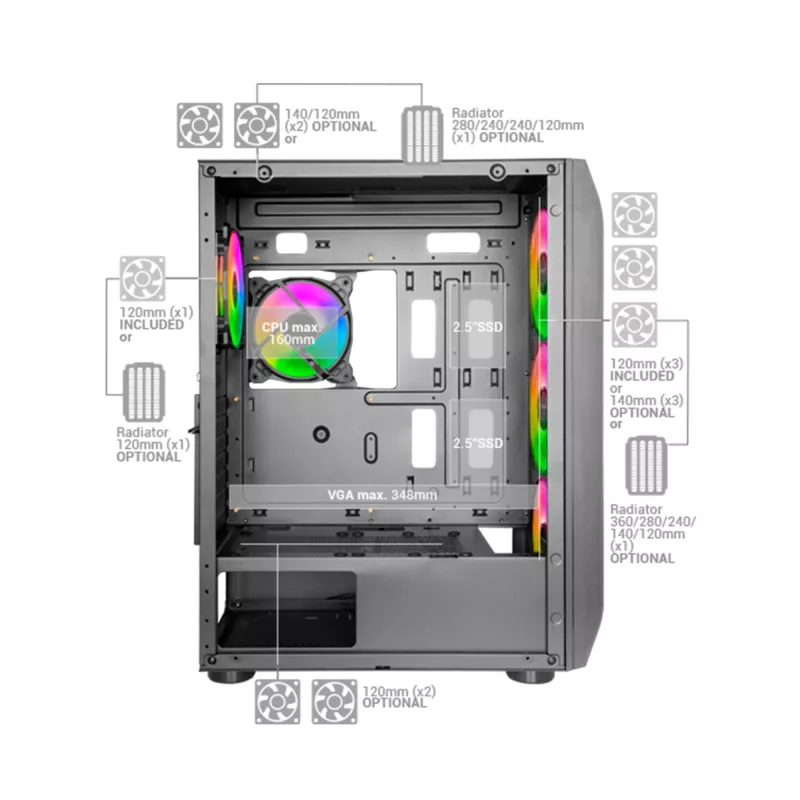 Mars Gaming MC-KX Wit Premium E-ATX Gaming-tower FREEZER CPU-systeem 5 ultrastille ARGB-ventilatoren ARGB-controller en RF-controller Mesh-front