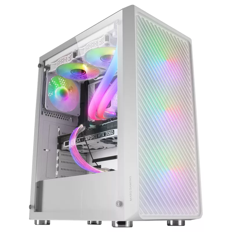 Mars Gaming MC-F Wit, ATX Gaming semitower, Venster van gehard glas, Metalen mesh-front, 4x 120mm ARGB-ventilatoren
