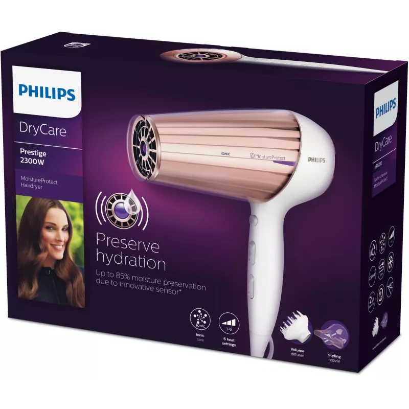Haardroger Philips MoistureProtect Sensor HP8280/00 — 2300 W, DC-motor, 6 snelheden, ionisch, koudstand, paars/wit