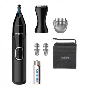Neushaartrimmer Philips 5000 NT5650/16 – op batterijen, AA, waterdicht, roestvrijstalen mesjes, 3 opzetkammen, reisetui