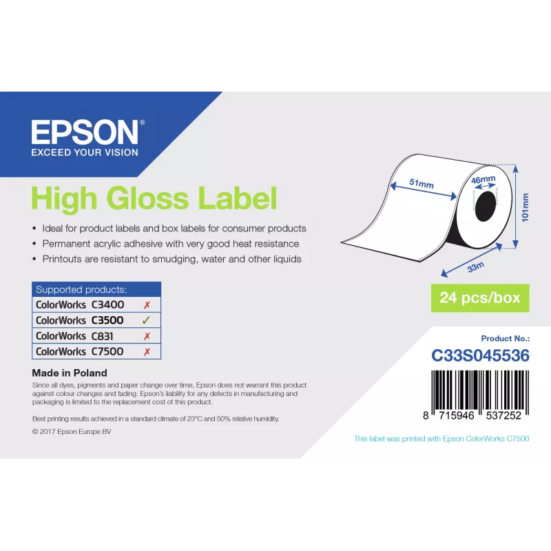 Epson hoogglans label - eindloze rol: 51 mm x 33 m